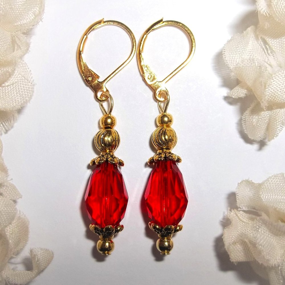 Red and Gold Earrings Drop Dangle Beaded Gift Idea for Her Minimalist Style 8223